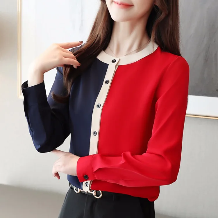 

Anqi Pull 2019 Autumn Clothing New Style WOMEN'S Dress Elegant Crew Neck Long Sleeve Fashion Cardigan Tops Joint Chiffon Shirt W