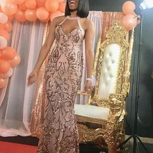 Длинные сверкающие платья для выпускного вечера Сексуальная Русалка Холтер розовое золото блесток африканская темнокожая девушка без спинки платье для выпускного вечера