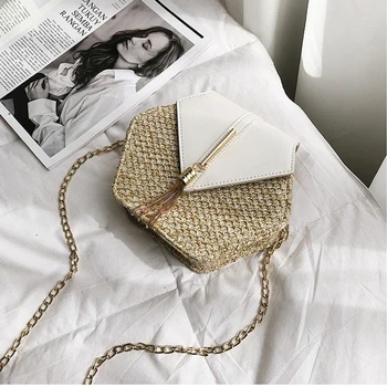 

Women Single Shoulder Holiday Straw Bag Fashion Crossbody Travel Rattan Hexagon Beach Magnetic Closure Shopping Detachable Strap