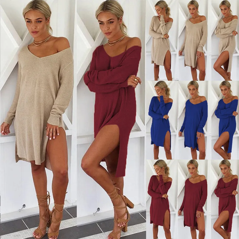 

Hot Selling Spring and Autumn 2020 Sexy round Neck off-Shoulder Side Slit Long Sleeve Women's Dress