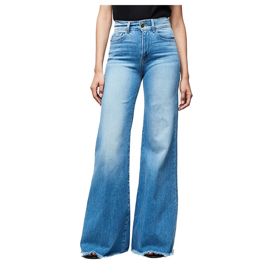 Модные Винтажные женские джинсы женские Ретро рваные джинсы Широкие брюки женские случайный звонок-Брюки расклешенные брюки женские# J30 - Цвет: Небесно-голубой