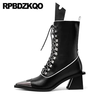 

pointed toe chunky size 4 black short shoes autumn block genuine leather fall lace up high quality women ankle boots medium heel