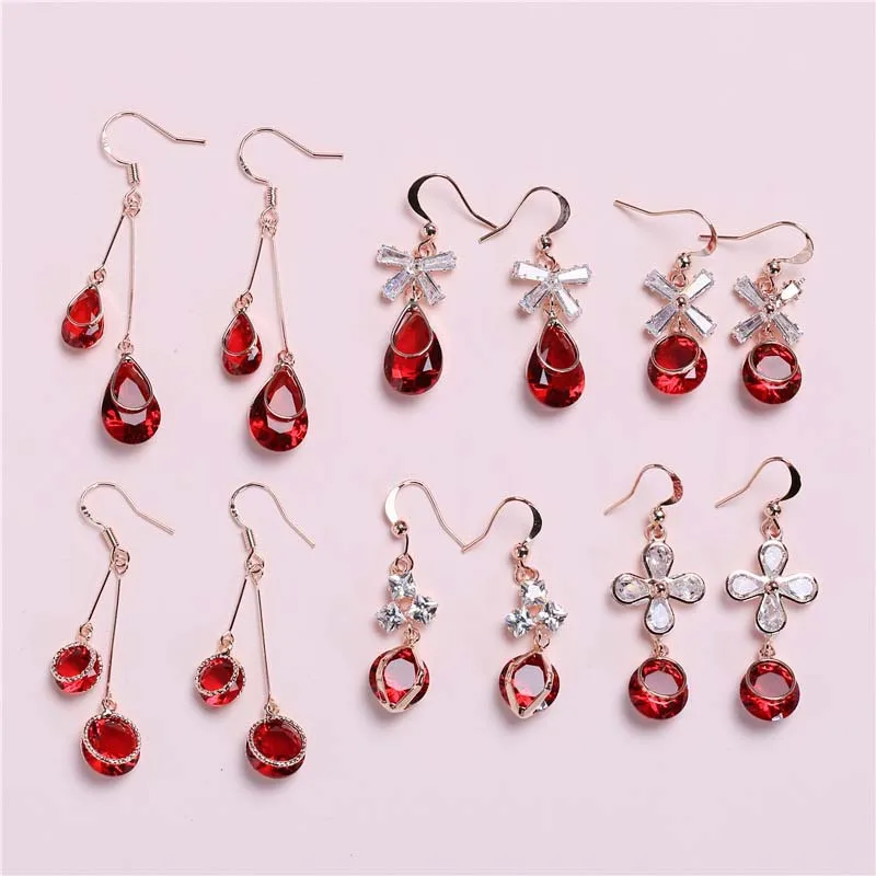 

2018 New Style Simple South Korea Elegant Zircon Red Crystal Earrings Women's Cool chun yin wang Red Formal Dress Earrings Fashi