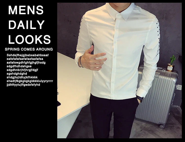 Лидер продаж, корейский смокинг, дизайнерская приталенная рубашка для мужчин, повседневная, с заклепками, с длинным рукавом, универсальная уличная одежда для выпускного вечера, мужские рубашки