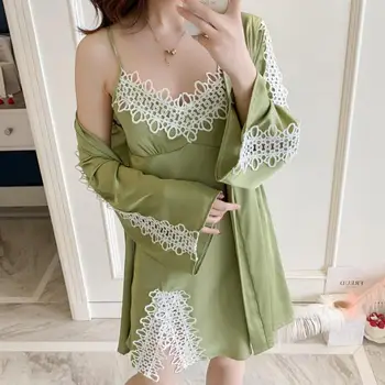 

Casual Lady Nightdress 2PCS Nighty&Robe Suit Sexy Satin Nightwear Intimate Lingerie Silky Homewear Kimono Bathrobe Gown