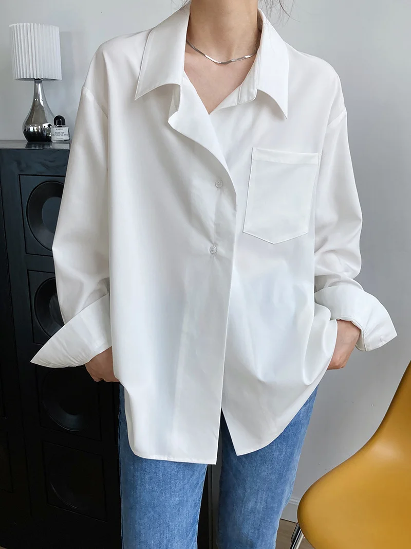 Camisa blanca holgada para mujer, blusa de diseño coreano, ropa de oficina bolsillo y botón otoño, 2022 _ - AliExpress Mobile