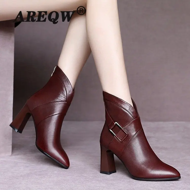 New Fashion Ladies Chunky Heels Ankle Boots 2020 Concise Elegant Women Party Office Zip Pointed Toe Shoes Woman | Обувь
