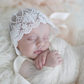 

Newborn Photography Props Baby Lace Hat Ribbon Tie Up Embroidered Bonnet Soft Cotton Baby Photo Props Beanie Hats