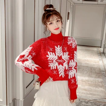 

Woman Sweater New Year 2020 Snowflake Pattern Red Jumper Soft Fashion Chic Cashmere Christmas Plush Knit Fashion Warm Thick wool