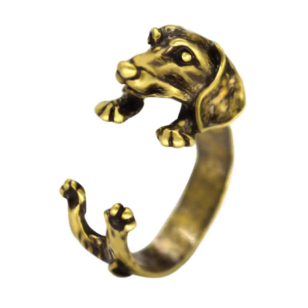 Dog Rings Antique Bronze Black Realistic Dachshund Dog Puppy Animal 3D Adjustable Finger Rings