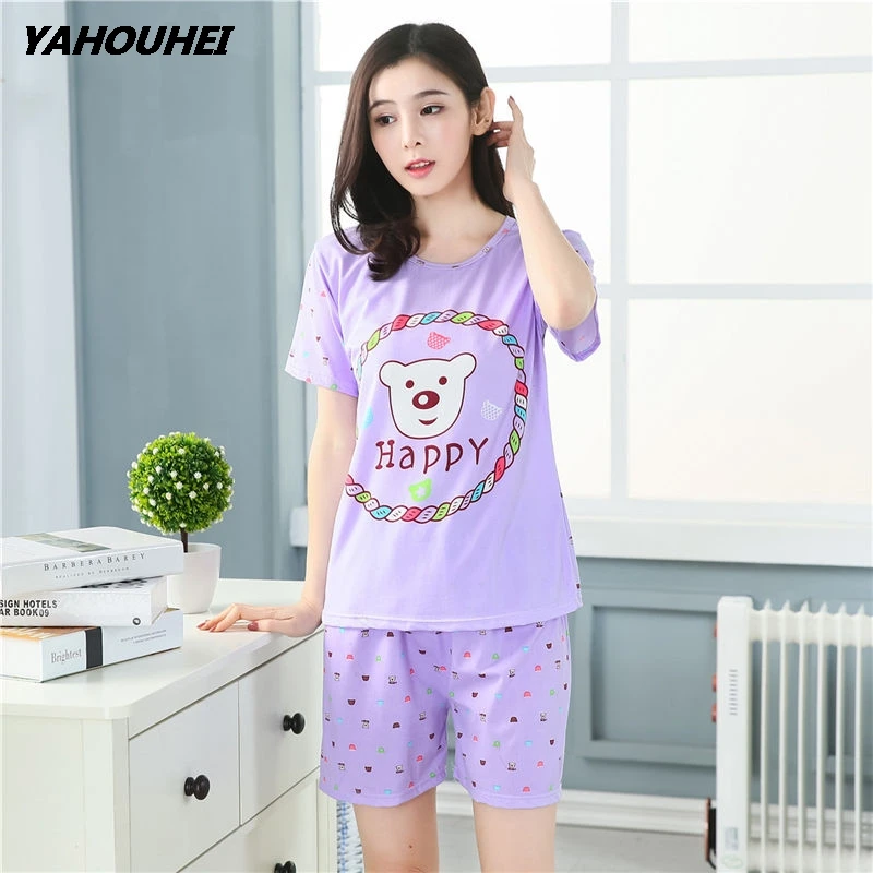 happyxiong purple Футболка с рисунком животных и шорты, пижамный комплект, женская одежда для сна с круглым вырезом и коротким рукавом, летняя повседневная одежда для сна - Цвет: happyxiong purple