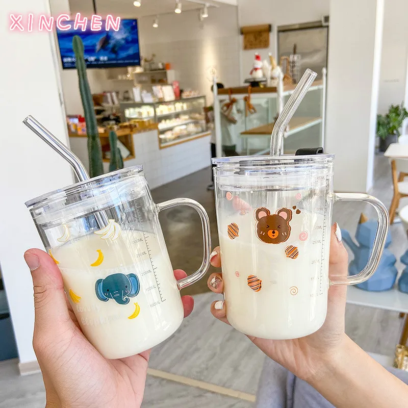1000ml Cute Glass Cups Aesthetic With Lid And Straw For Cold Hot