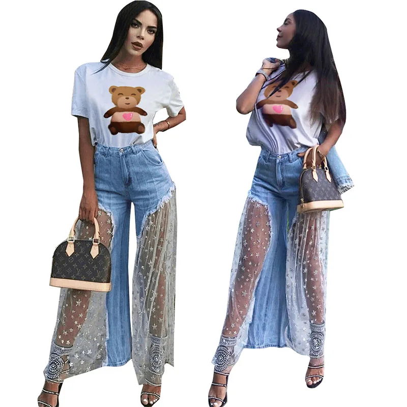 

Free shipped 2019 new style Wide leg trousers with mesh stitching Full Length Zipper Fly Jeans Casual Softener