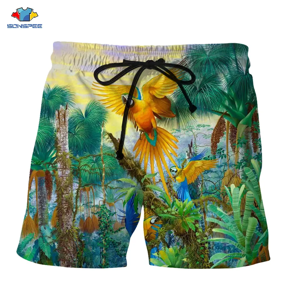 SONSPEE 3D Print Men's Shorts Animal Birds Parrot Summer Breathable Loose Funny Streetwear Hip Hop Harajuku Elastic Beach Pants