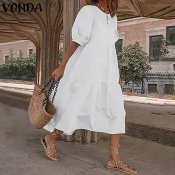 

Summer Dress Vintage Sexy Lantern Sleeve Mid-Calf Dress VONDA 2020 Women' Sundress Casual Bohemian Beach Vestidos Plus Size