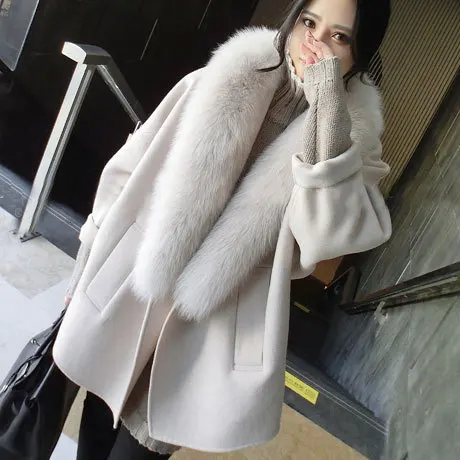 

2018 Autumn And Winter New Style Korean-style Wool-like Fabric Overcoat Women's Loose And Plus-sized Large Fur Collar Cocoon Fau