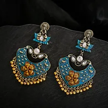 Винтажные богемский Цыганский цветок синие индийские серьги Золотые бусы Jhumka серьги с кисточками тибетские ювелирные изделия