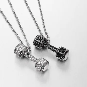 

Barbell Men Dumbbell Pendant And Necklace Ice Out Bling Fitness Dumbbell Stainless Steel Necklaces For Men Women Jewelry