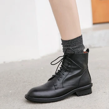 

Genuine Leather Ankle Boots for Women Lace-Up Flat with Boots Women Autumn /Winter Boots Women Black Basic Ladies Shoes Chelsea