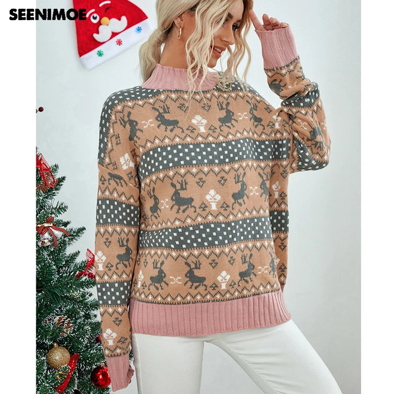 

SEENIMOE Women Winter Christmas Deer Print Sweaters Mock Neck Pullovers Primer Shirt Long Sleeve Femme Loose Knitwear