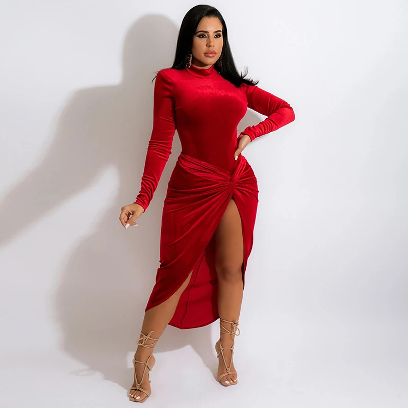 Fashion Red Velvet Two Piece Skirt Set Women Sexy Long Sleeve One Piece Bodysuit and Ruched Side High Split Irregular Skirt Suit