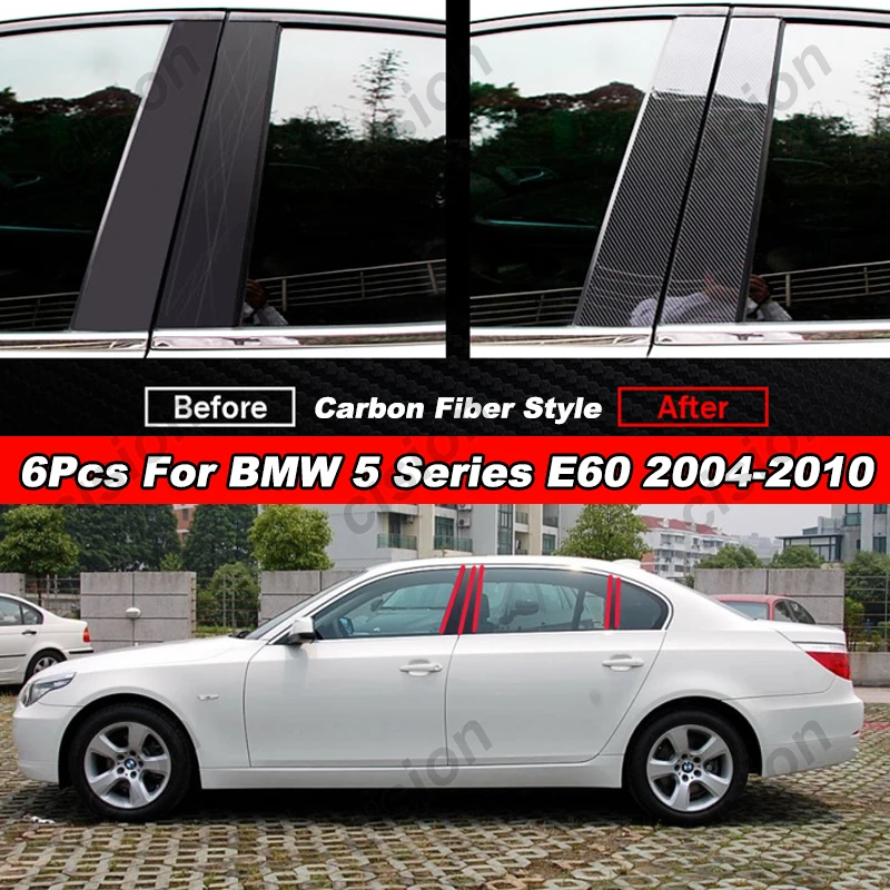 6Pcs Black Carbon Fiber Car Door Window Column BC Pillar Post Trim Mirror Effect PC Sticker For BMW 5 Series F10 Sedan 2011-Car Window Stickers