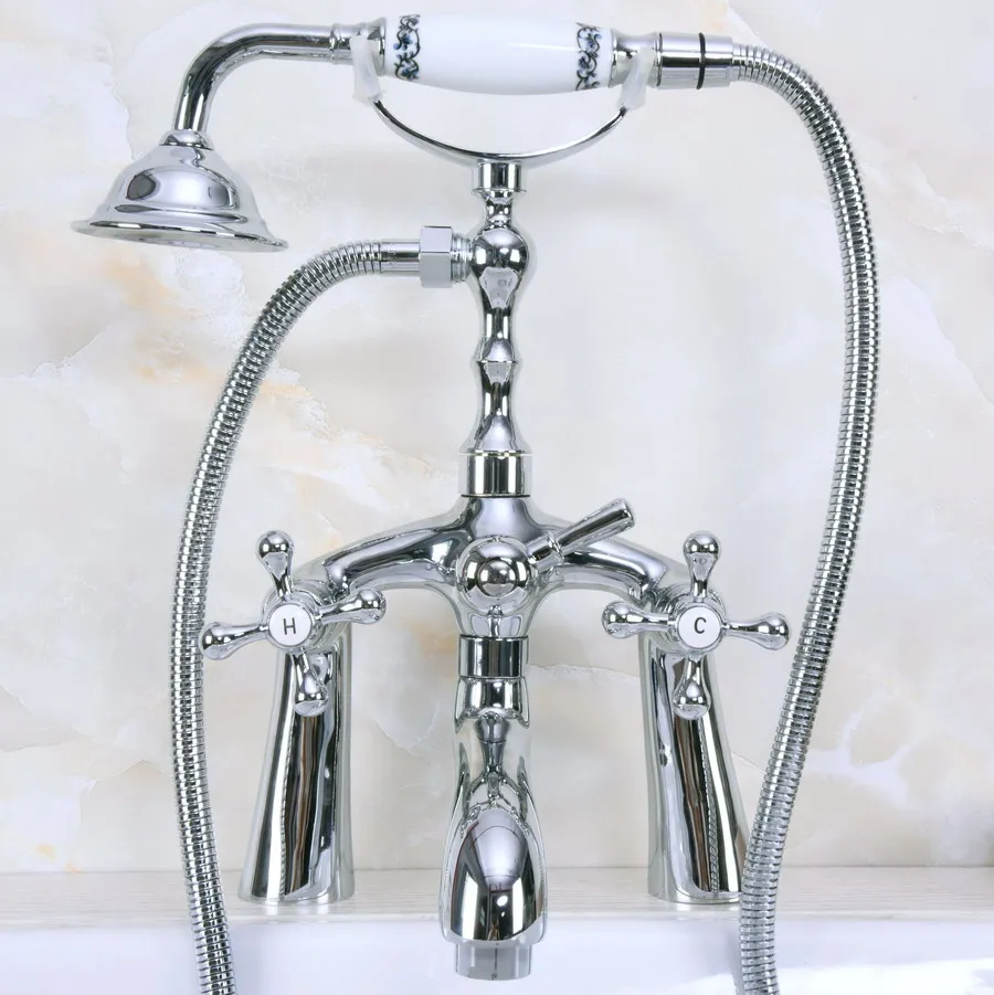 

Polished Chrome Brass Deck Mounted Clawfoot Bathtub Faucet W/ Handheld Shower Mixer Tap Lna122