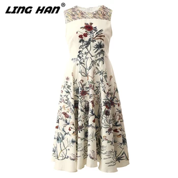 

LINGHAN Elegant Beading Tank Dress Women's Fashion Print Sleeveless party Dresses Designer Spring Summer New