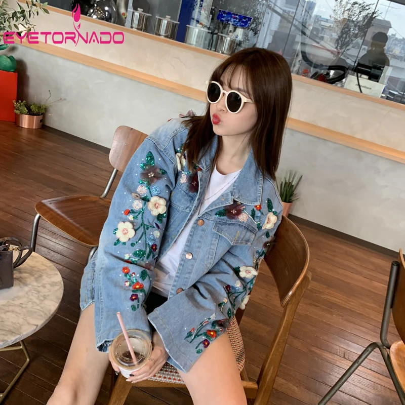 Women Jeans Jacket 3D Flower Appliques Autumn Jackets Long Sleeve Pockets Harajuku Denim Jackets Women Loose Outwear