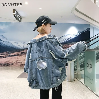 

Jackets Women 2020 Spring New Korean Version BF Harajuku Style Hole Denim Loose Students Womens Trendy Streetwear Jacket Daily