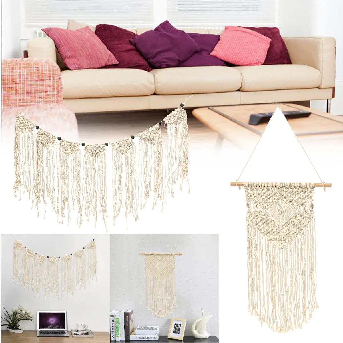 Настенный подвесной гобелен ручной вязки хлопковый макраме богемный арт