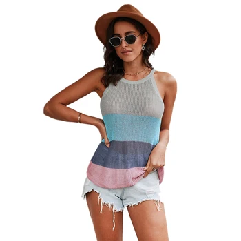

Women's Tank Tops Summer Casual Mix-colors Round Neck Sleeveless Knitted Ladies Tops Vest