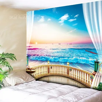 

Psychedelic Sea Tapestry Hippie Mandala Wall Hanging Rainbow Waves Balcony Beach Scenery Art Tapestries Boho Cloth Home Decor