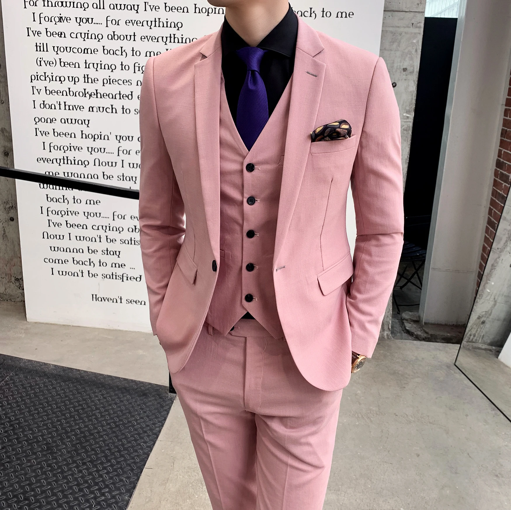 

New Fashion men wedding suit 3-piece pink groom suit 2019 social Party tuxedo for male pink suits&blazer vest waistcoat pants