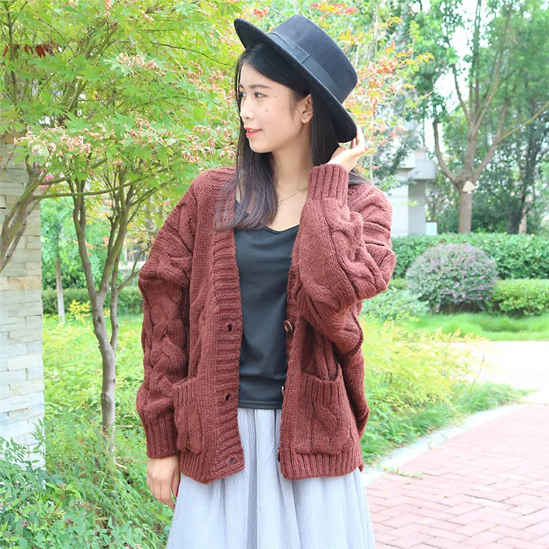 

Autumn Solid Twist Knitted Cardigans Coat Women Loose Single Breasted Cardigan Sweater Women Jacket Outwear