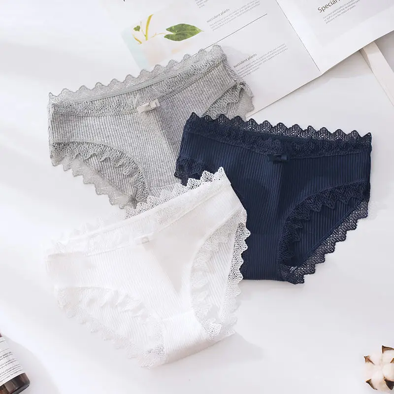 2PCS Women's Cotton Panties Female Lace Edge Striped Breathable Briefs Sexy Underwear Women Cotton Crotch Lingerie Intimates