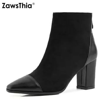 

ZawsThia 2020 winter spring new woman block high heels boots shoes pointed toe classic office ladies pumps female ankle boots