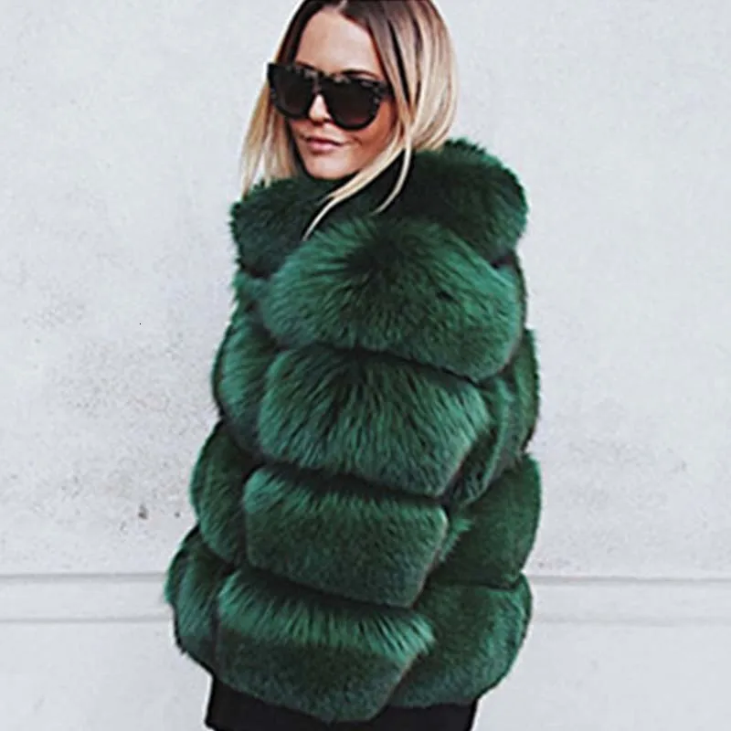 dark green fur coat Модные женские пальто из искусственного меха зимние толстые теплые куртки лохматый мех лисы пальто Верхняя одежда для женщин - Цвет: dark green fur coat