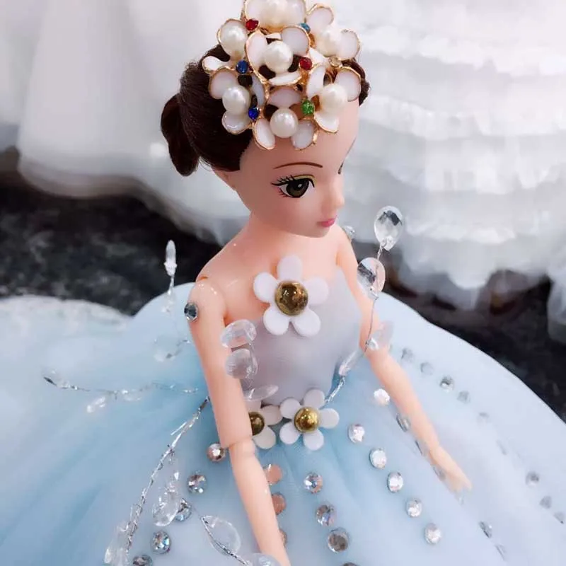Mini Bride Doll High Quality Soft Luxury Long Tail Dream Wedding Dress Princess Evening Party Clothes Child Present Girl's Gift - Цвет: Синий