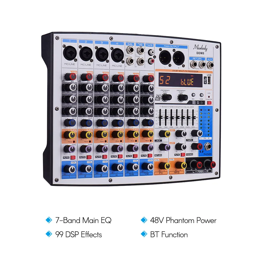 Muslady DDM8 компактный 8 Каналы микшер с 99 dsp-эффекты 7-полосным эквалайзером встроенный 48V Phantom Питание