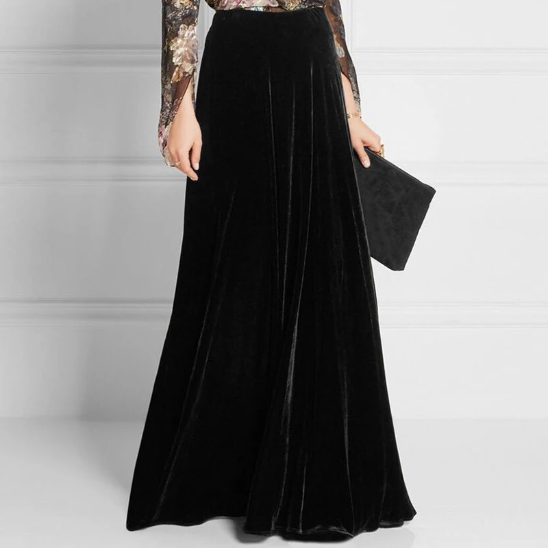 Women's Velvet A-line Maxi Skirt, Elastic Waist, Velvet, Black, Long, Maxi, Autumn, Winter, Fashion, 2025, S-10XL Custom Made