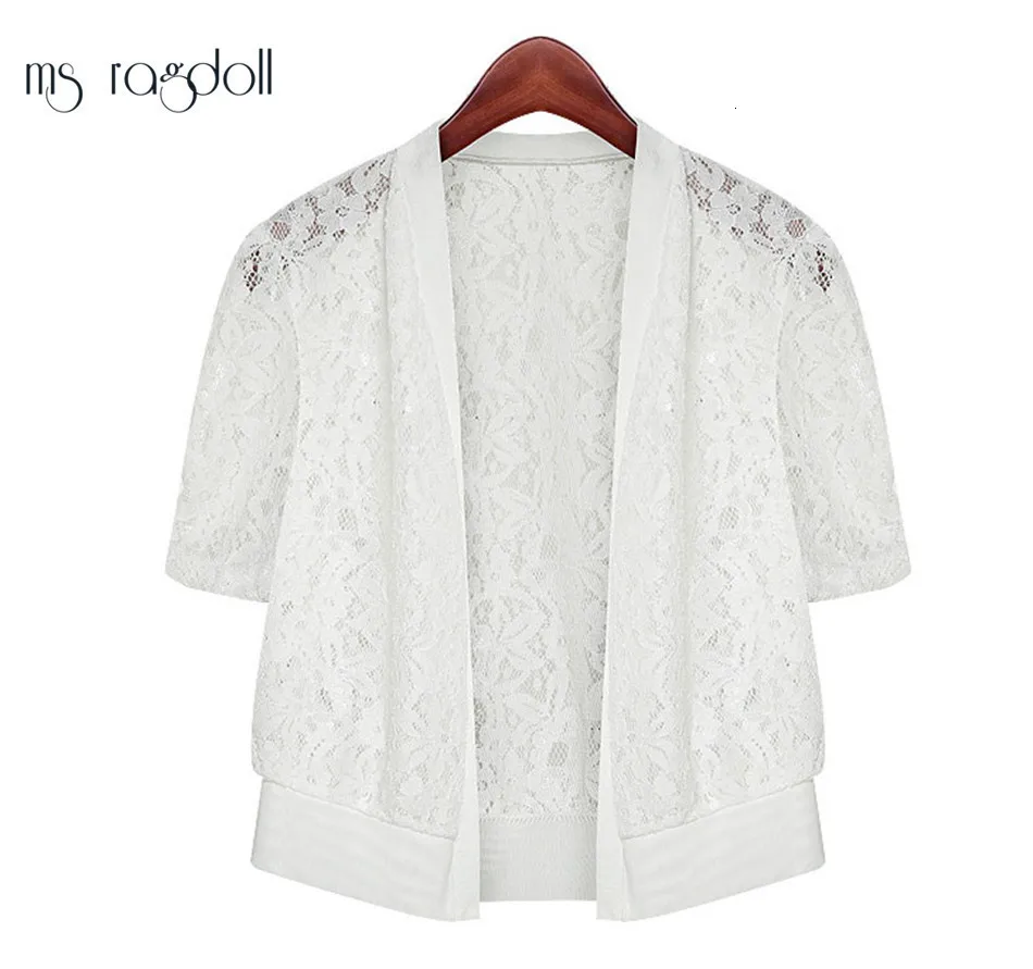 White MS ragdoll женское Болеро укороченного размера плюс, пальто с запахом, ажурное кружевное короткое пальто с коротким рукавом, кардиган, топы - Цвет: White