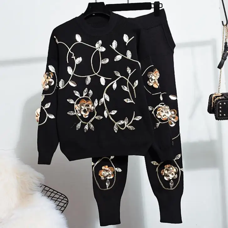 Черный Трикотажные брюки+ топы, комплект одежды, Femme, 2 предмета, Pantalon, тяжелая работа, вышивка бисером, качественный спортивный костюм для женщин - Цвет: Черный