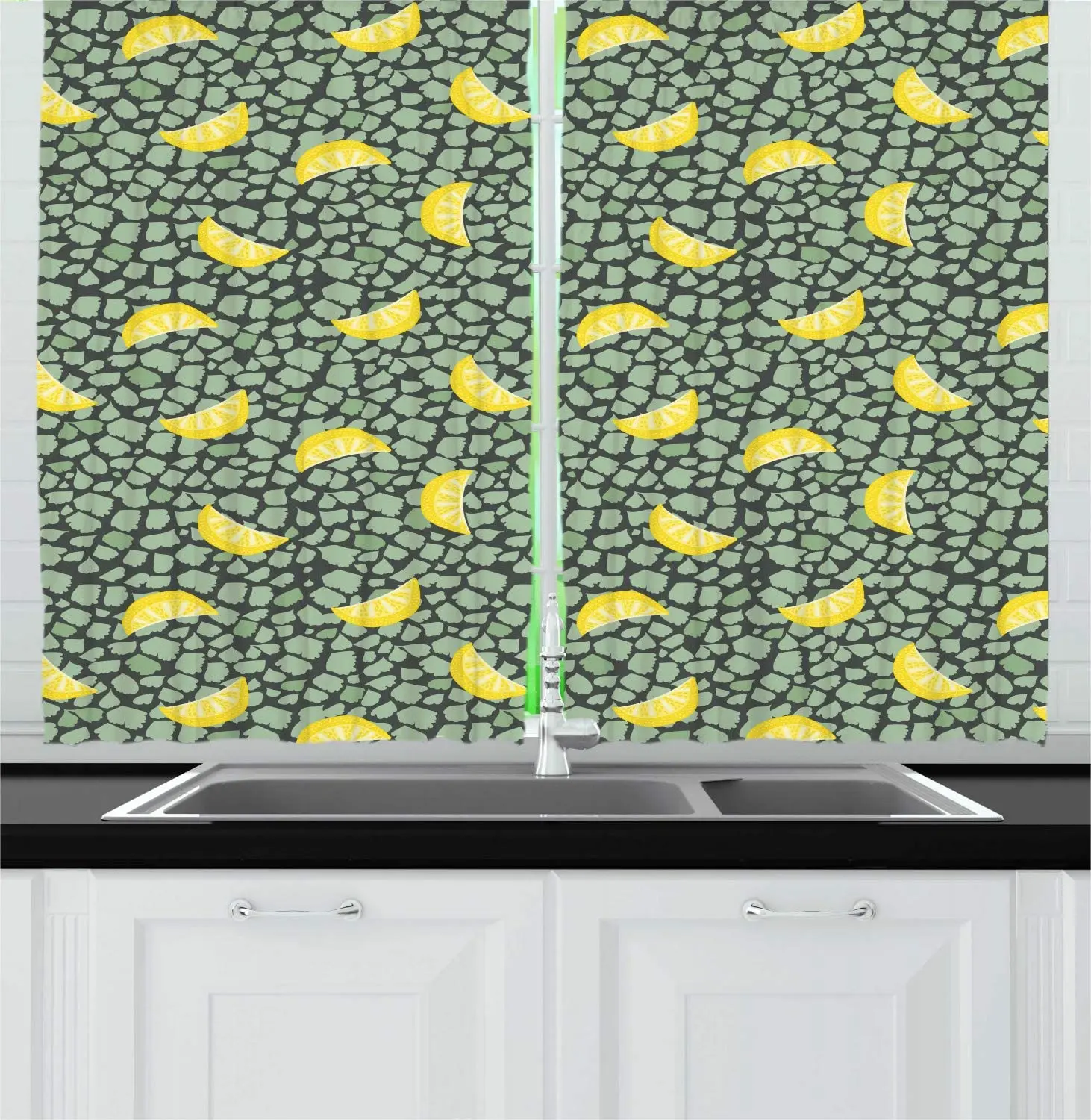 Almond Green Yellow Grey Fiesta Party Kitchen Curtains Pop Art Style Lemon Motifs Abstract Shaped Background Window Drapes | Дом и сад