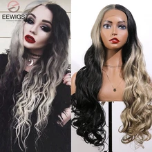 EEWIGS Выделите Хэллоуин косплей парик черный Омбре пепельный блонд синтетический парик фронта шнурка Glueless Волнистые парик высокая температура волос