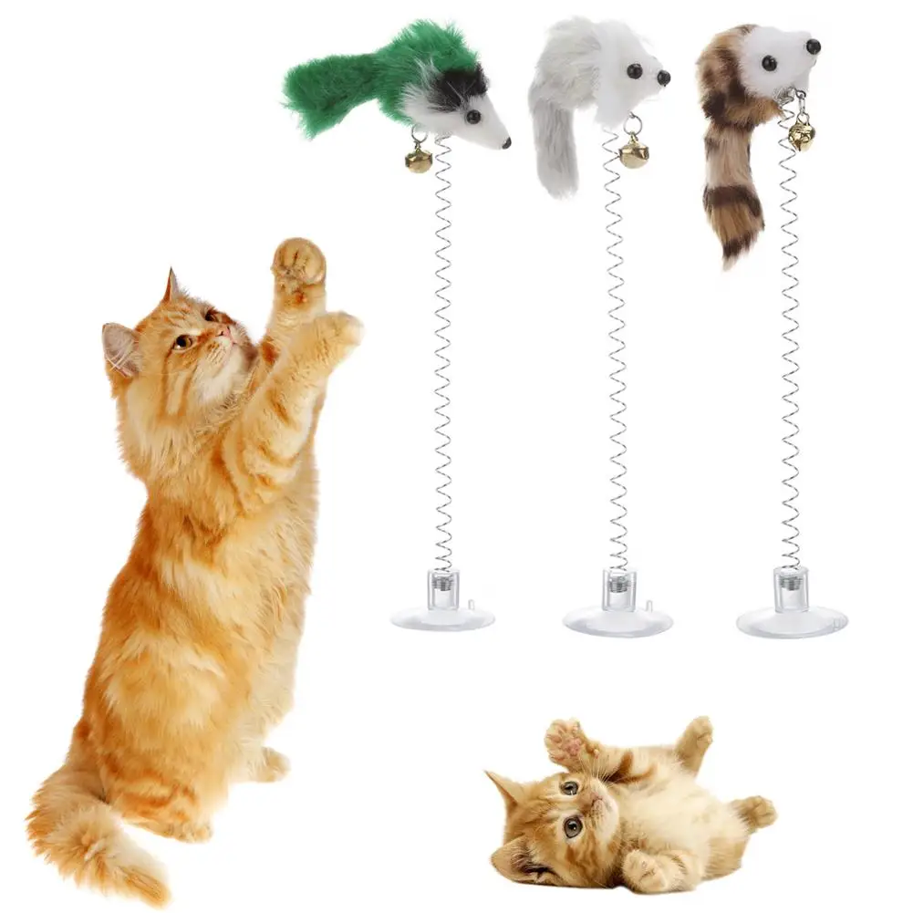Pet Kitten Cat Teaser Toys Sucker With Spring Plush Mouse Interactive Random 