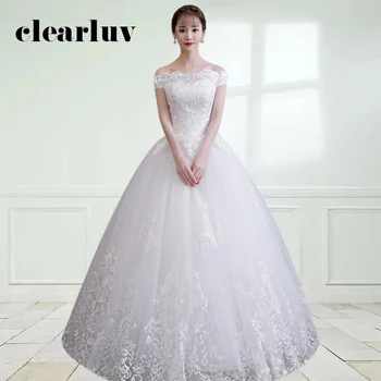 

Boat Neck Wedding Dress DR709 Embroidery Long Bridal Gowns Off The Shoulder Vestidos De Novia Lace Up Elegant Wedding Dresses