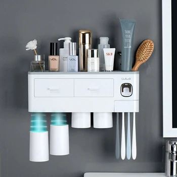 

New Toothbrush Holder Automatic Toothpaste Dispenser Magnetic Cup Wall Mount Toiletries Storage Rack Bathroom Accessories Set