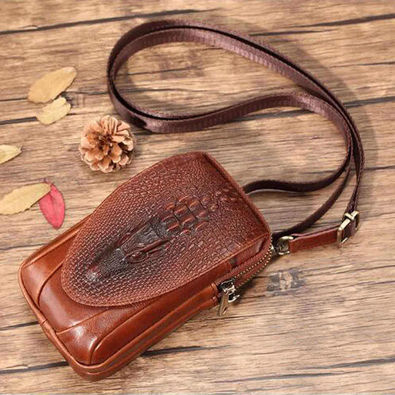 Men Leather Crocodile Grain Waist Bag small Shoulder Bags Purse Hip Bum Cell Phone Case Hook Belt Fanny Cross Body Pack