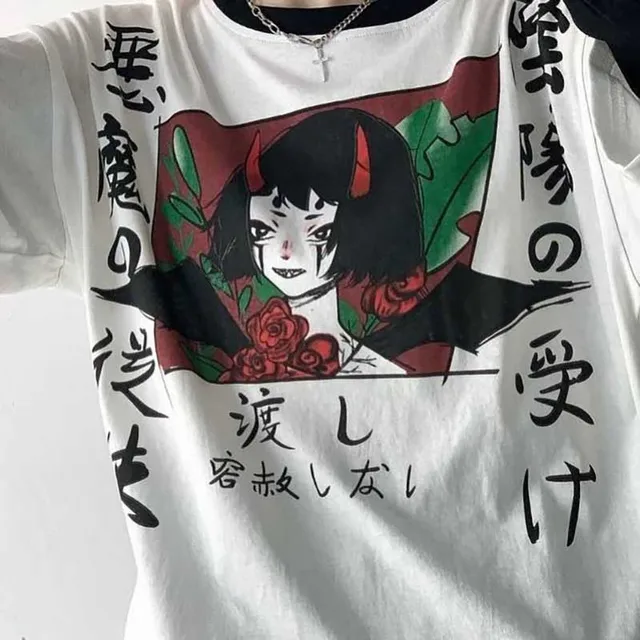 Harajuku Red Horn Devil Woman T Shirt 5